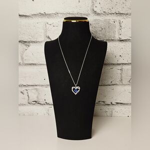 S925 Sterling Silver Blue Sapphire Heart Necklace CZ Halo